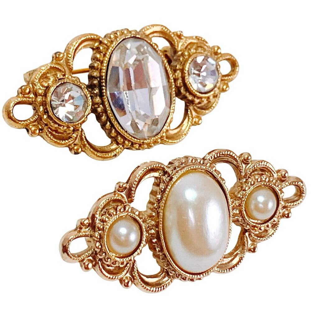 VTG 60s Lot of 2 Brooches Faux Pearl Rhinestone Victorian Revival Romantic Pins
